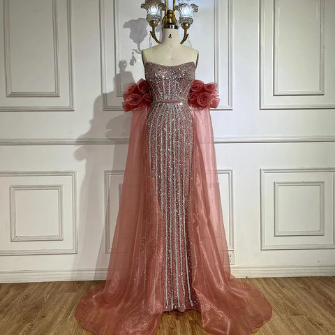 2025 Arabic Pink Strapless Beaded Mermaid Evening Gown Vintage Half Puff Sleeve Dress for Women's Party LA72569