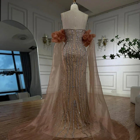 2025 Arabic Pink Strapless Beaded Mermaid Evening Gown Vintage Half Puff Sleeve Dress for Women's Party LA72569