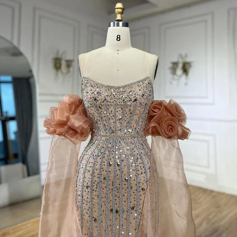 2025 Arabic Pink Strapless Beaded Mermaid Evening Gown Vintage Half Puff Sleeve Dress for Women's Party LA72569