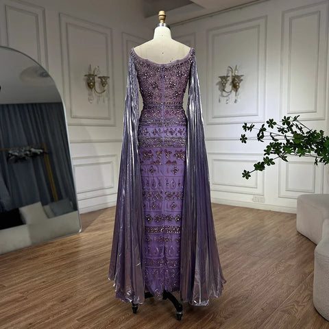 2025 Arabic Purple Cape Sleeves Mermaid Dubai Beaded Luxury Evening Dresses for Women Wedding Party Gowns LA72175