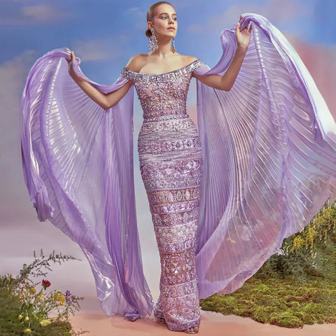 2025 Arabic Purple Cape Sleeves Mermaid Dubai Beaded Luxury Evening Dresses for Women Wedding Party Gowns LA72175