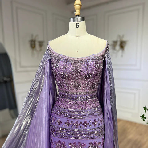 2025 Arabic Purple Cape Sleeves Mermaid Dubai Beaded Luxury Evening Dresses for Women Wedding Party Gowns LA72175