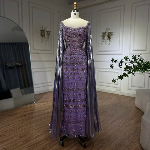 2025 Arabic Purple Cape Sleeves Mermaid Dubai Beaded Luxury Evening Dresses for Women Wedding Party Gowns LA72175