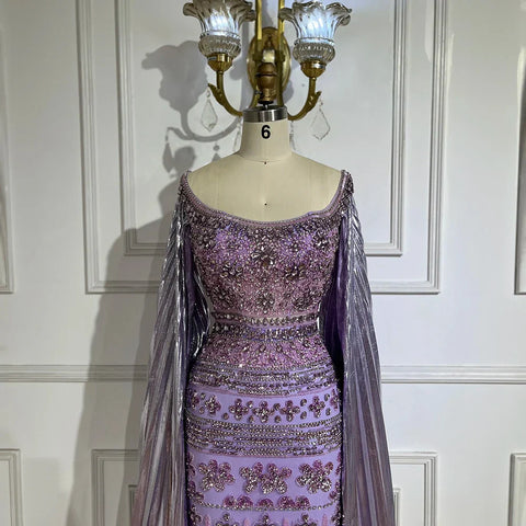 2025 Arabic Purple Cape Sleeves Mermaid Dubai Beaded Luxury Evening Dresses for Women Wedding Party Gowns LA72175