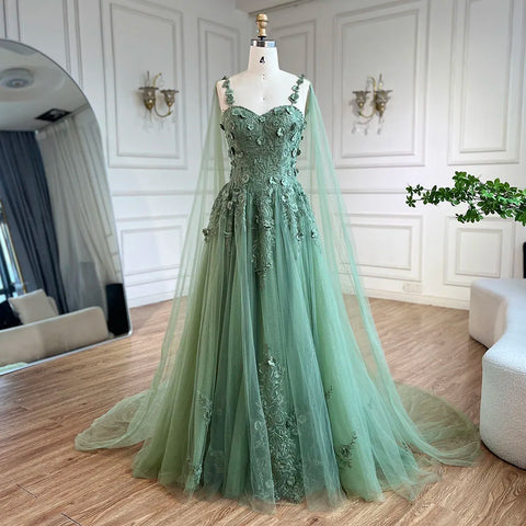 2025 Arabic Sage Green Spaghetti Strap Lace-Up Bow A-Line Appliques Prom Dress for Women Wedding Party LA72642