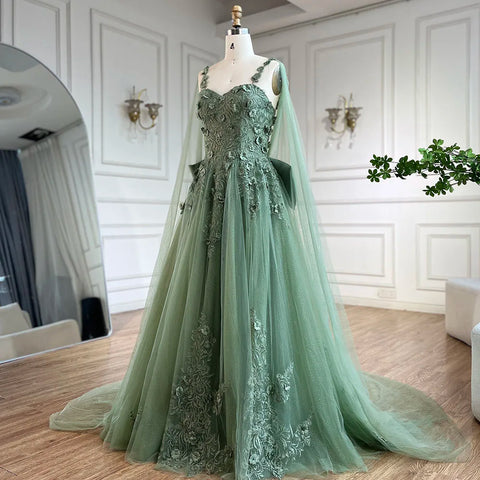 2025 Arabic Sage Green Spaghetti Strap Lace-Up Bow A-Line Appliques Prom Dress for Women Wedding Party LA72642