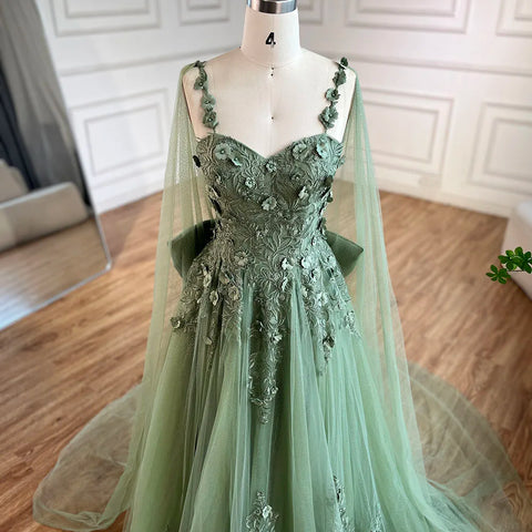 2025 Arabic Sage Green Spaghetti Strap Lace-Up Bow A-Line Appliques Prom Dress for Women Wedding Party LA72642