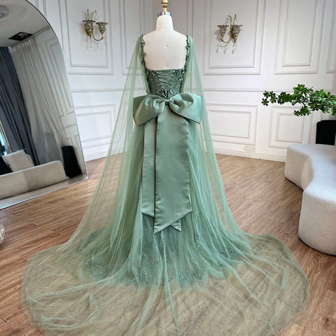 2025 Arabic Sage Green Spaghetti Strap Lace-Up Bow A-Line Appliques Prom Dress for Women Wedding Party LA72642