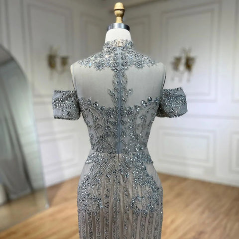 2025 Arabic Silver Nude Mermaid Beaded Crystal Luxury Dubai Evening Dresses Gowns for Women Wedding Party LA72411