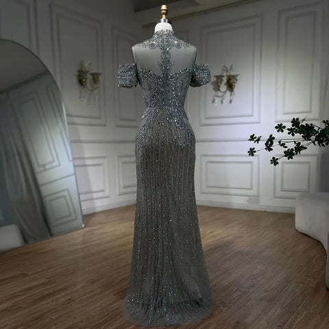 2025 Arabic Silver Nude Mermaid Beaded Crystal Luxury Dubai Evening Dresses Gowns for Women Wedding Party LA72411