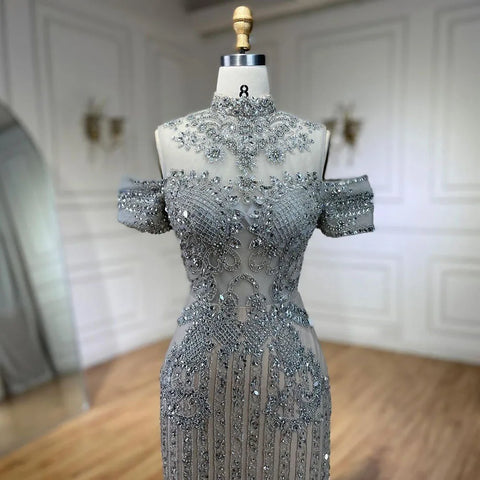2025 Arabic Silver Nude Mermaid Beaded Crystal Luxury Dubai Evening Dresses Gowns for Women Wedding Party LA72411
