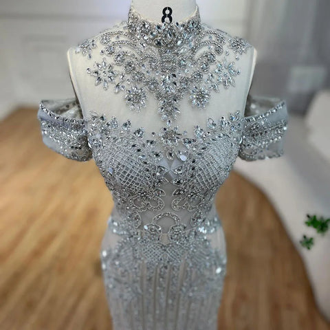 2025 Arabic Silver Nude Mermaid Beaded Crystal Luxury Dubai Evening Dresses Gowns for Women Wedding Party LA72411