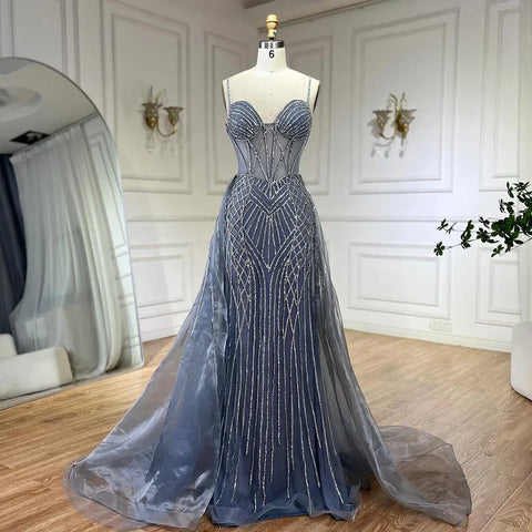 2025 Arabic Spaghetti Strap Pink Mermaid Overskirt Beaded Evening Dresses Gowns for Women Wedding Party LA72451