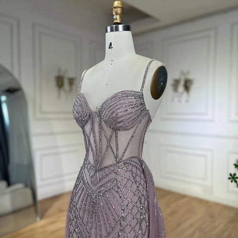 2025 Arabic Spaghetti Strap Pink Mermaid Overskirt Beaded Evening Dresses Gowns for Women Wedding Party LA72451