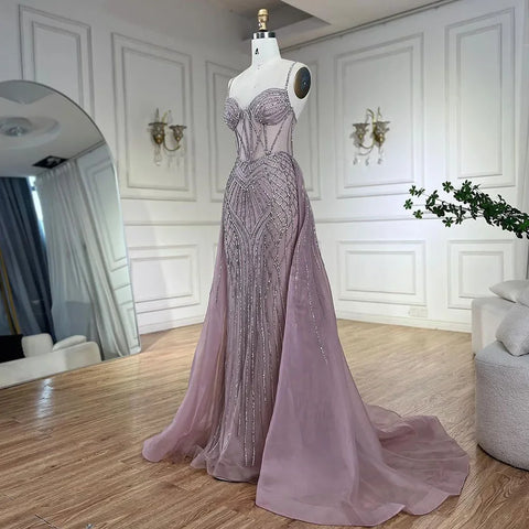 2025 Arabic Spaghetti Strap Pink Mermaid Overskirt Beaded Evening Dresses Gowns for Women Wedding Party LA72451