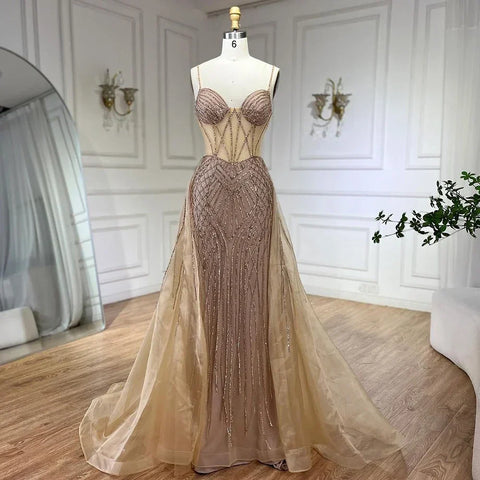 2025 Arabic Spaghetti Strap Pink Mermaid Overskirt Beaded Evening Dresses Gowns for Women Wedding Party LA72451