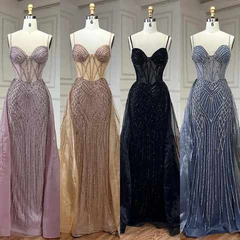 2025 Arabic Spaghetti Strap Pink Mermaid Overskirt Beaded Evening Dresses Gowns for Women Wedding Party LA72451