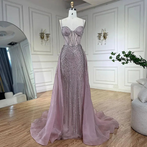 2025 Arabic Spaghetti Strap Pink Mermaid Overskirt Beaded Evening Dresses Gowns for Women Wedding Party LA72451