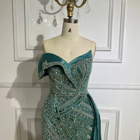 2025 Arabic Turquoise Beaded Evening Dresses Luxury Dubai Elegant One Shoulder Women Wedding Party Gowns LA72335