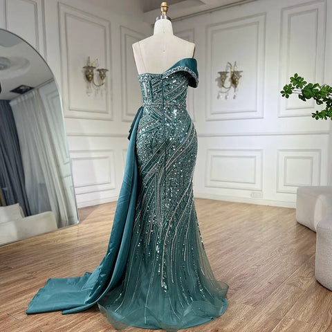 2025 Arabic Turquoise Beaded Evening Dresses Luxury Dubai Elegant One Shoulder Women Wedding Party Gowns LA72335