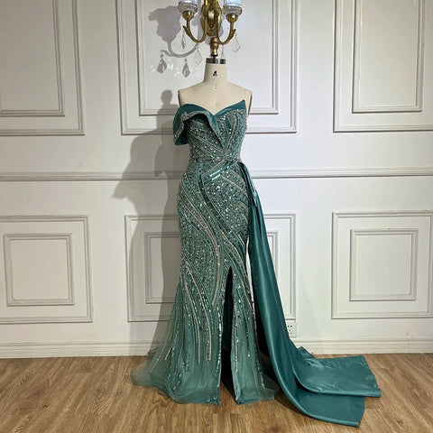 2025 Arabic Turquoise Beaded Evening Dresses Luxury Dubai Elegant One Shoulder Women Wedding Party Gowns LA72335