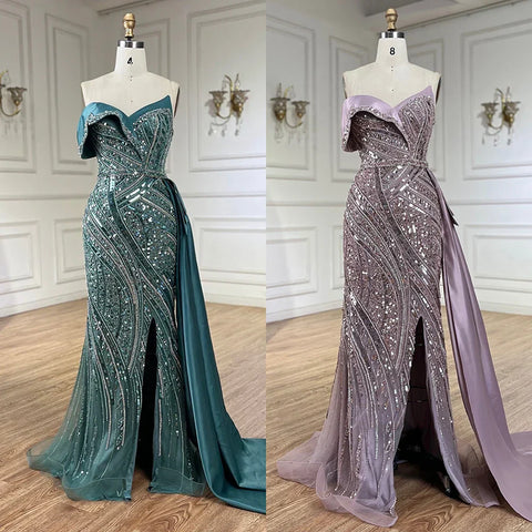 2025 Arabic Turquoise Beaded Evening Dresses Luxury Dubai Elegant One Shoulder Women Wedding Party Gowns LA72335
