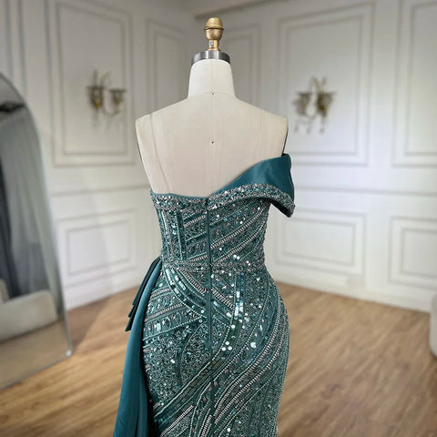 2025 Arabic Turquoise Beaded Evening Dresses Luxury Dubai Elegant One Shoulder Women Wedding Party Gowns LA72335
