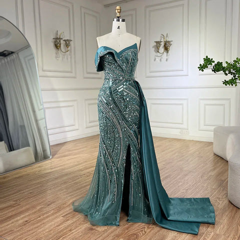 2025 Arabic Turquoise Beaded Evening Dresses Luxury Dubai Elegant One Shoulder Women Wedding Party Gowns LA72335