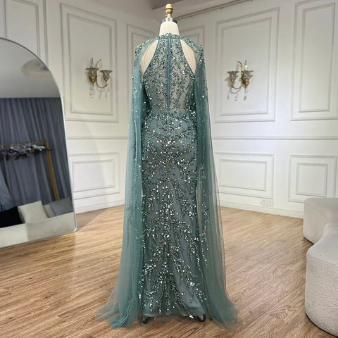 2025 Arabic Turquoise Cape Sleeve Mermaid Beaded Luxury Dubai Evening Dresses Gowns For Women Wedding Party LA72652