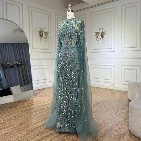 2025 Arabic Turquoise Cape Sleeve Mermaid Beaded Luxury Dubai Evening Dresses Gowns For Women Wedding Party LA72652
