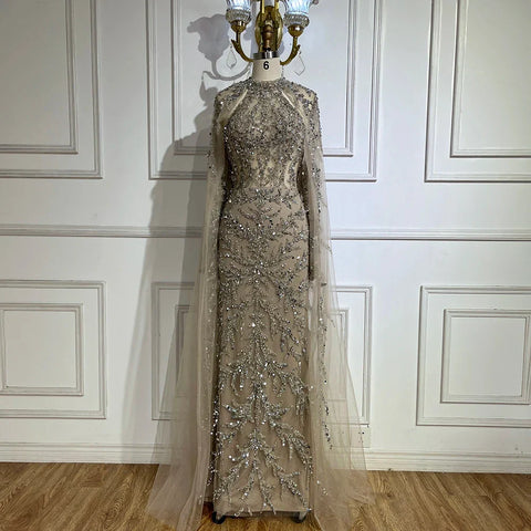 2025 Arabic Turquoise Cape Sleeve Mermaid Beaded Luxury Dubai Evening Dresses Gowns For Women Wedding Party LA72652