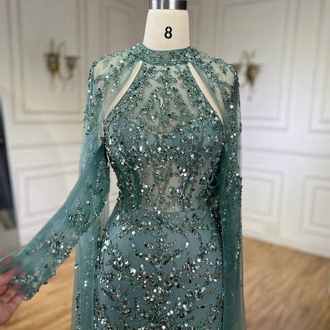 2025 Arabic Turquoise Cape Sleeve Mermaid Beaded Luxury Dubai Evening Dresses Gowns For Women Wedding Party LA72652
