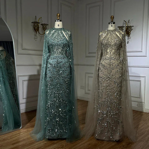 2025 Arabic Turquoise Cape Sleeve Mermaid Beaded Luxury Dubai Evening Dresses Gowns For Women Wedding Party LA72652