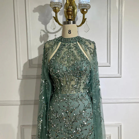 2025 Arabic Turquoise Cape Sleeve Mermaid Beaded Luxury Dubai Evening Dresses Gowns For Women Wedding Party LA72652