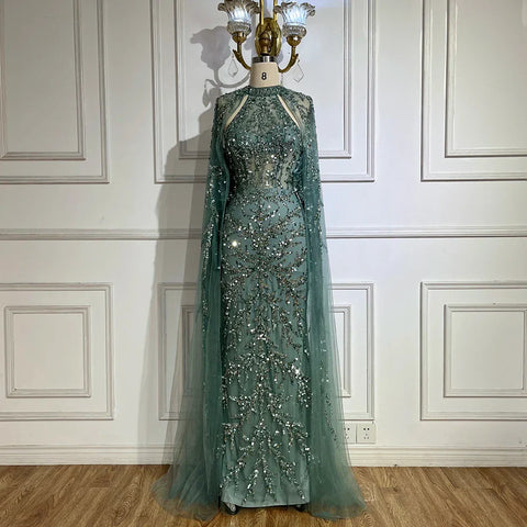 2025 Arabic Turquoise Cape Sleeve Mermaid Beaded Luxury Dubai Evening Dresses Gowns For Women Wedding Party LA72652
