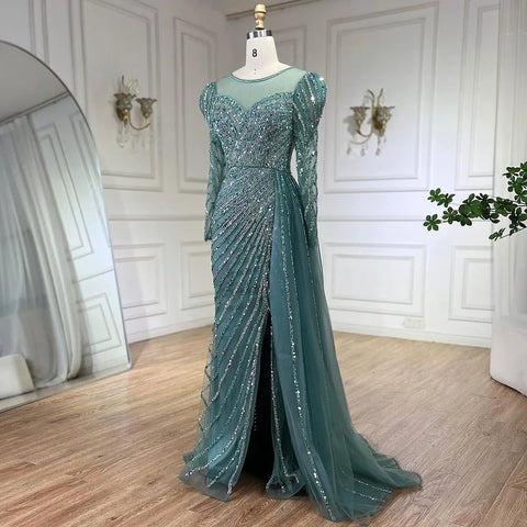 2025 Arabic Turquoise Mermaid Split Beaded Luxury Dubai Long Evening Dresses Gowns for Women Wedding Party LA72448