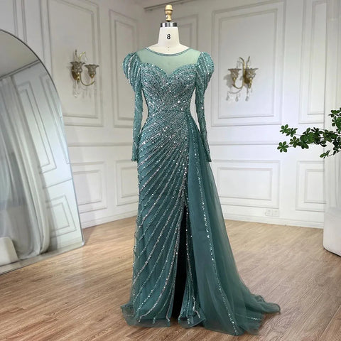2025 Arabic Turquoise Mermaid Split Beaded Luxury Dubai Long Evening Dresses Gowns for Women Wedding Party LA72448