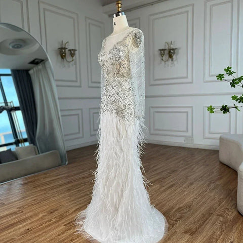 2025 Arabic White Mermaid Luxury Dubai Evening Gown with Feathers Beaded Dress for Women's Party LA72646
