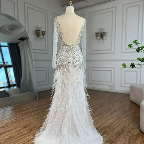 2025 Arabic White Mermaid Luxury Dubai Evening Gown with Feathers Beaded Dress for Women's Party LA72646