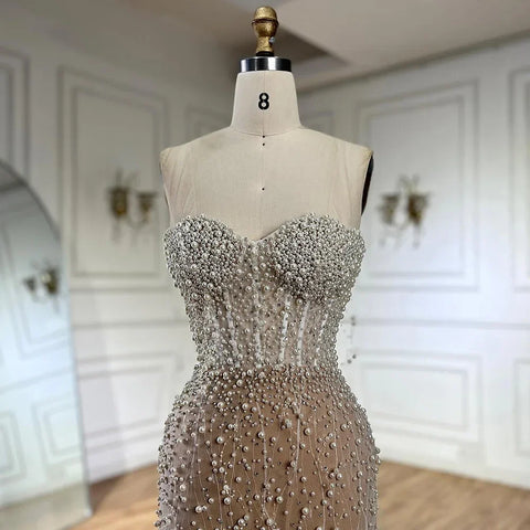 2025 Arabic White Nude Mermaid Gown Pearls Beading High Split Luxury Dubai Evening Dress for Women's Party LA72544