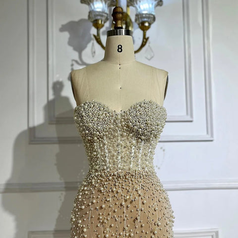 2025 Arabic White Nude Mermaid Gown Pearls Beading High Split Luxury Dubai Evening Dress for Women's Party LA72544