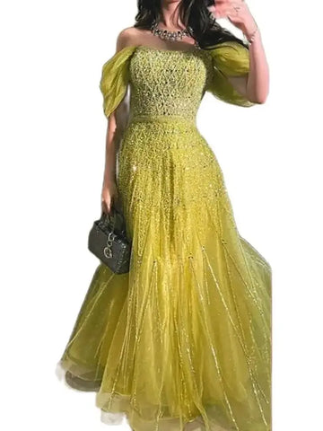 2025 Arabic Yellow Boat Neck Luxury Dubai Evening Gown A-Line Elegant Beaded Dress for Women's Party LA72661