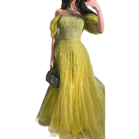 2025 Arabic Yellow Boat Neck Luxury Dubai Evening Gown A-Line Elegant Beaded Dress for Women's Party LA72661