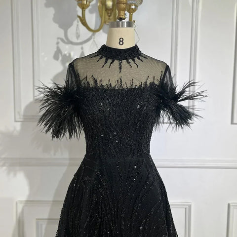 2025 Arabic blue A Line Short Sleeveless Luxury Evening Dresses Beaded Feathers For Women Wedding Party LA72351