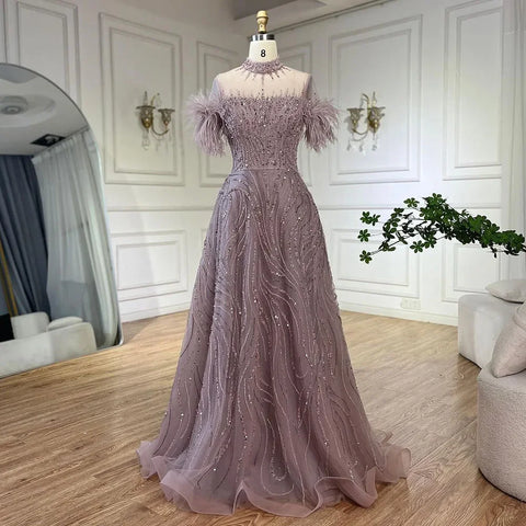 2025 Arabic blue A Line Short Sleeveless Luxury Evening Dresses Beaded Feathers For Women Wedding Party LA72351