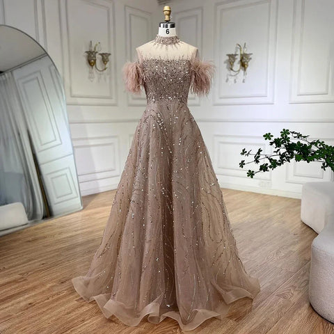 2025 Arabic blue A Line Short Sleeveless Luxury Evening Dresses Beaded Feathers For Women Wedding Party LA72351