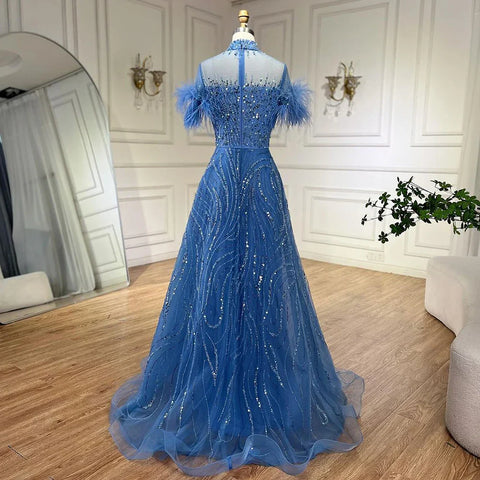 2025 Arabic blue A Line Short Sleeveless Luxury Evening Dresses Beaded Feathers For Women Wedding Party LA72351