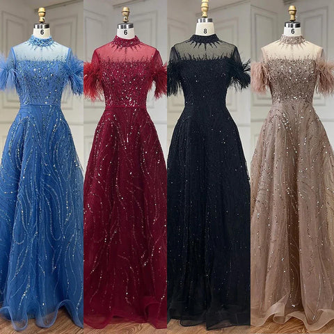 2025 Arabic blue A Line Short Sleeveless Luxury Evening Dresses Beaded Feathers For Women Wedding Party LA72351