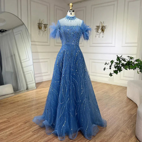 2025 Arabic blue A Line Short Sleeveless Luxury Evening Dresses Beaded Feathers For Women Wedding Party LA72351