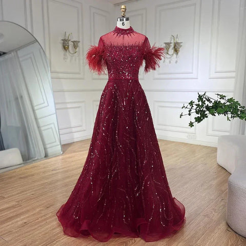 2025 Arabic blue A Line Short Sleeveless Luxury Evening Dresses Beaded Feathers For Women Wedding Party LA72351